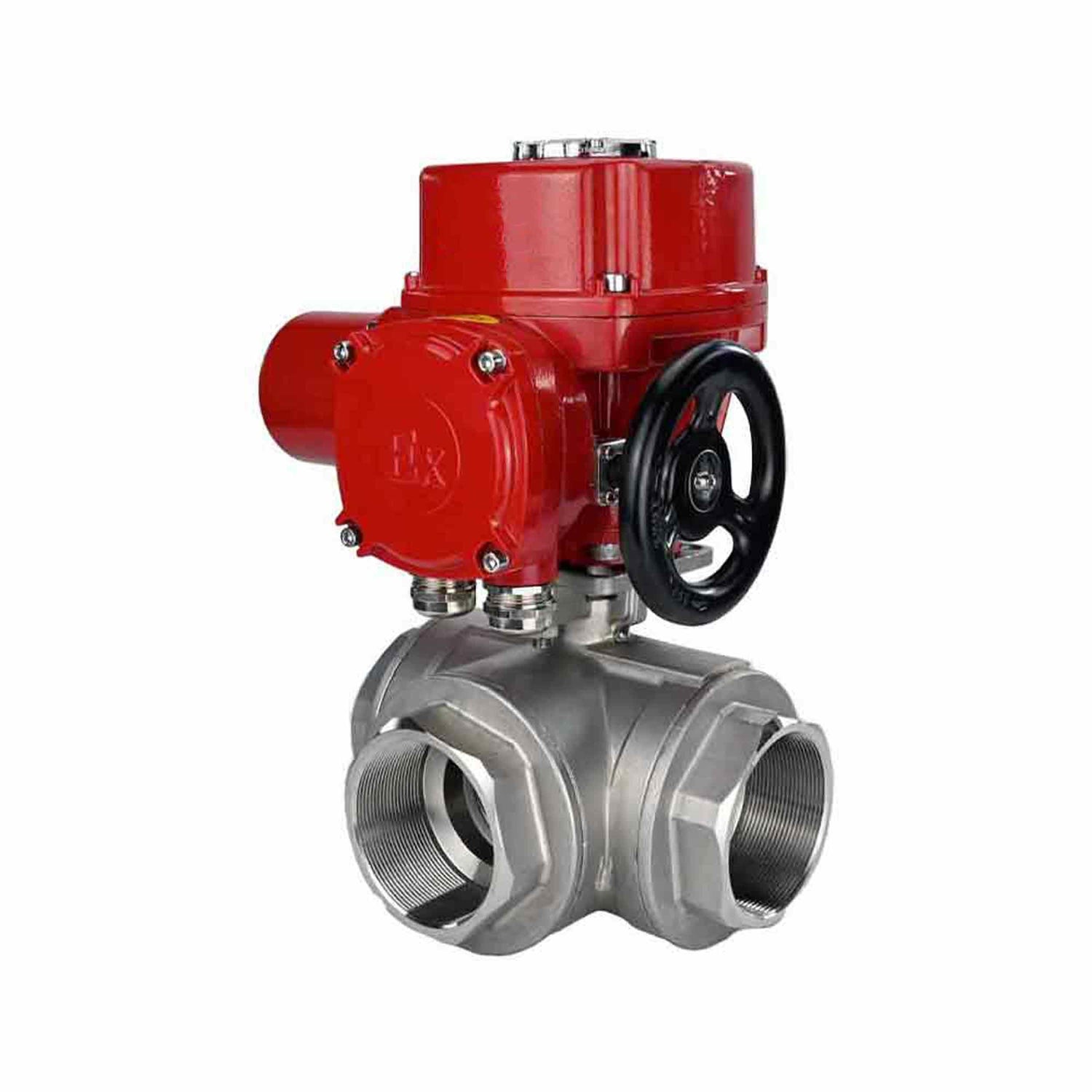 Stainless steel ball valve Elephant RP.SS316.200.MM.ISO 63 bar threaded, standard port, three way, L-type, body material - stainless steel AISI 316, with quater-turn electric actuator Elephant QT-W (M) EX 380V