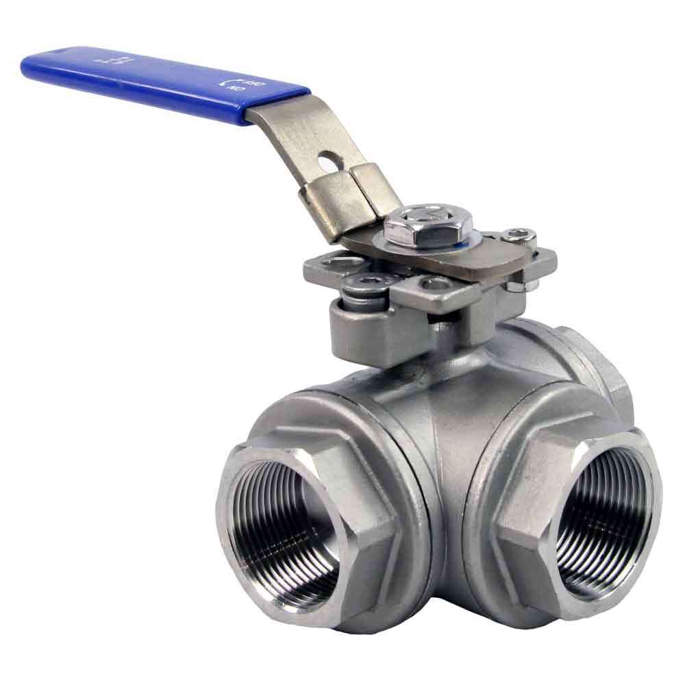 Stainless steel ball 3-way valve Threaded L-type standard port Elephant BV3232P(4pc)-SP-3WL-T-ISO-H PN63 with ISO 5211 mounting pad and handle