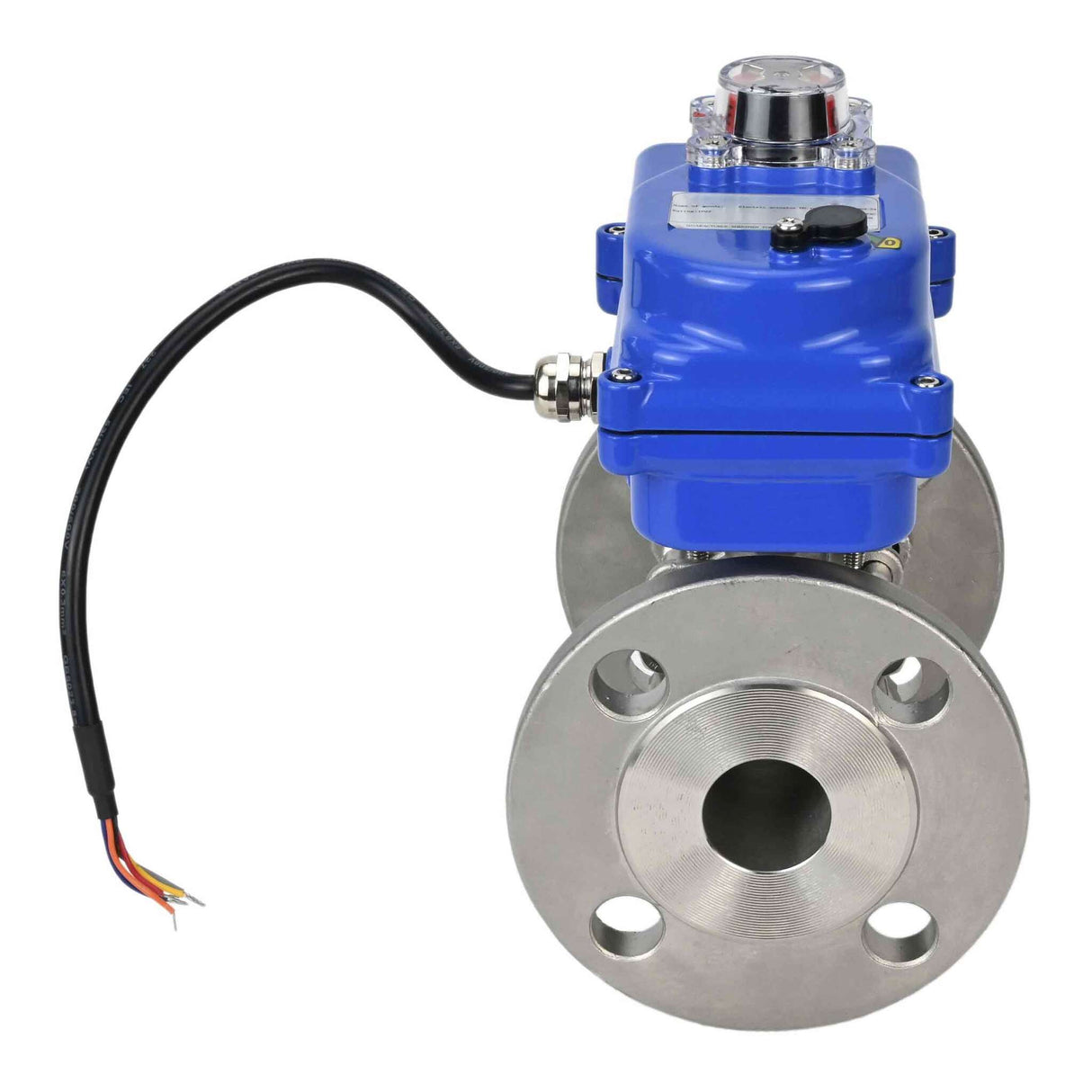 Stainless steel ball valve Elephant BVFPT-ISO,304,180 three-part, body material - stainless steel SS304, seal - PTFE, flanged, full port, electric actuator Elephant 003 blue 24 V