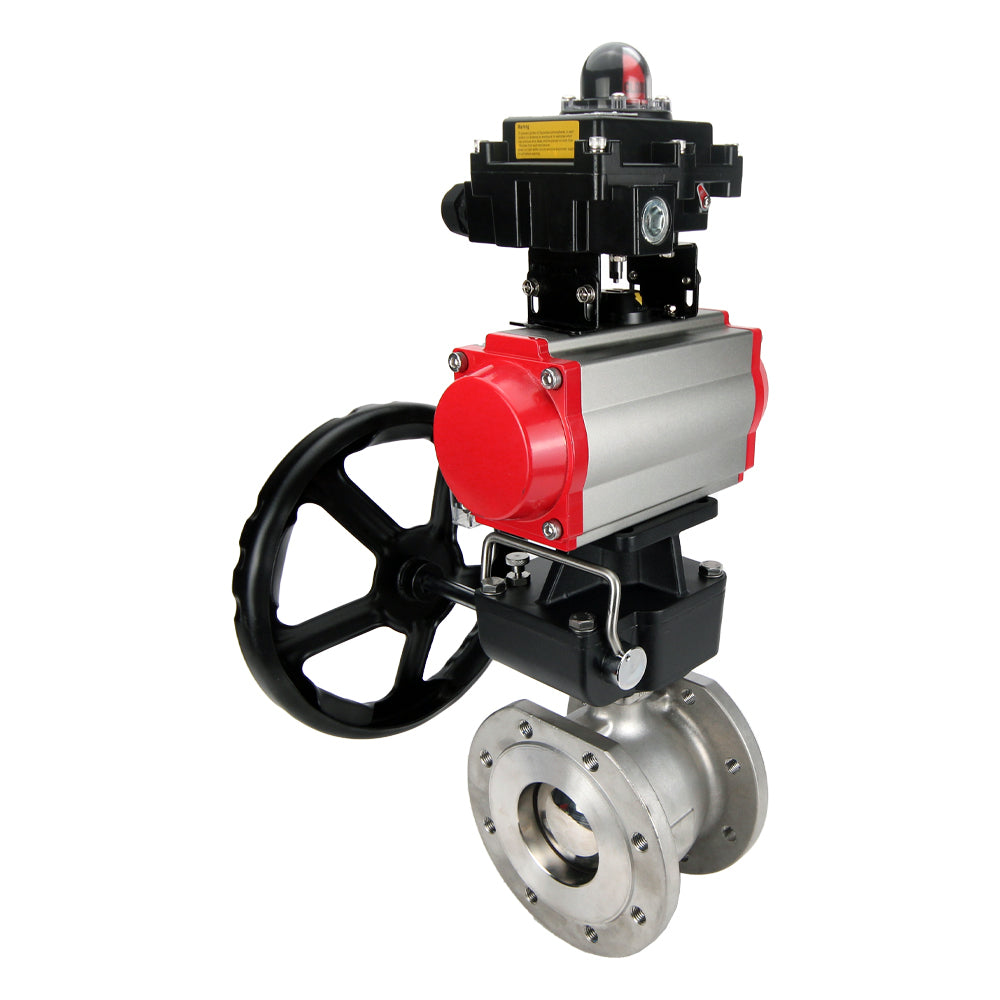 Stainless steel ball valve Elephant BVFP,316, pneumatic actuator Elephant DA, gearbox HDM, pneumatic distributor 4M310-08 NAMUR  220 V, limit switch block APL-410N EX