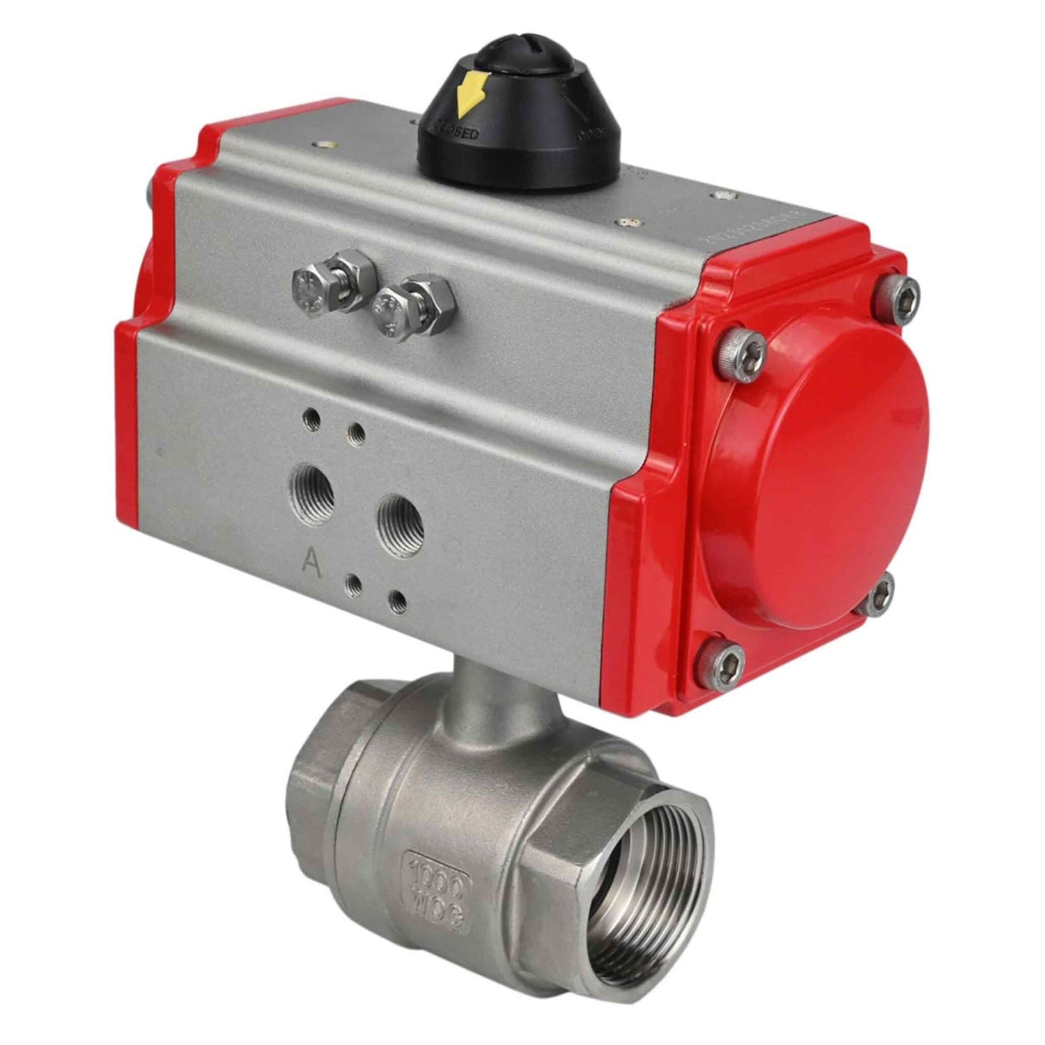 Stainless steel ball valve Elephant BVMP.316.230-ISO 63 bar, body material - stainless steel AISI 316, ball material - stainless steel AISI 316, seal - PTFE, full port, threaded, double-acting pneumatic actuator Elephant DA