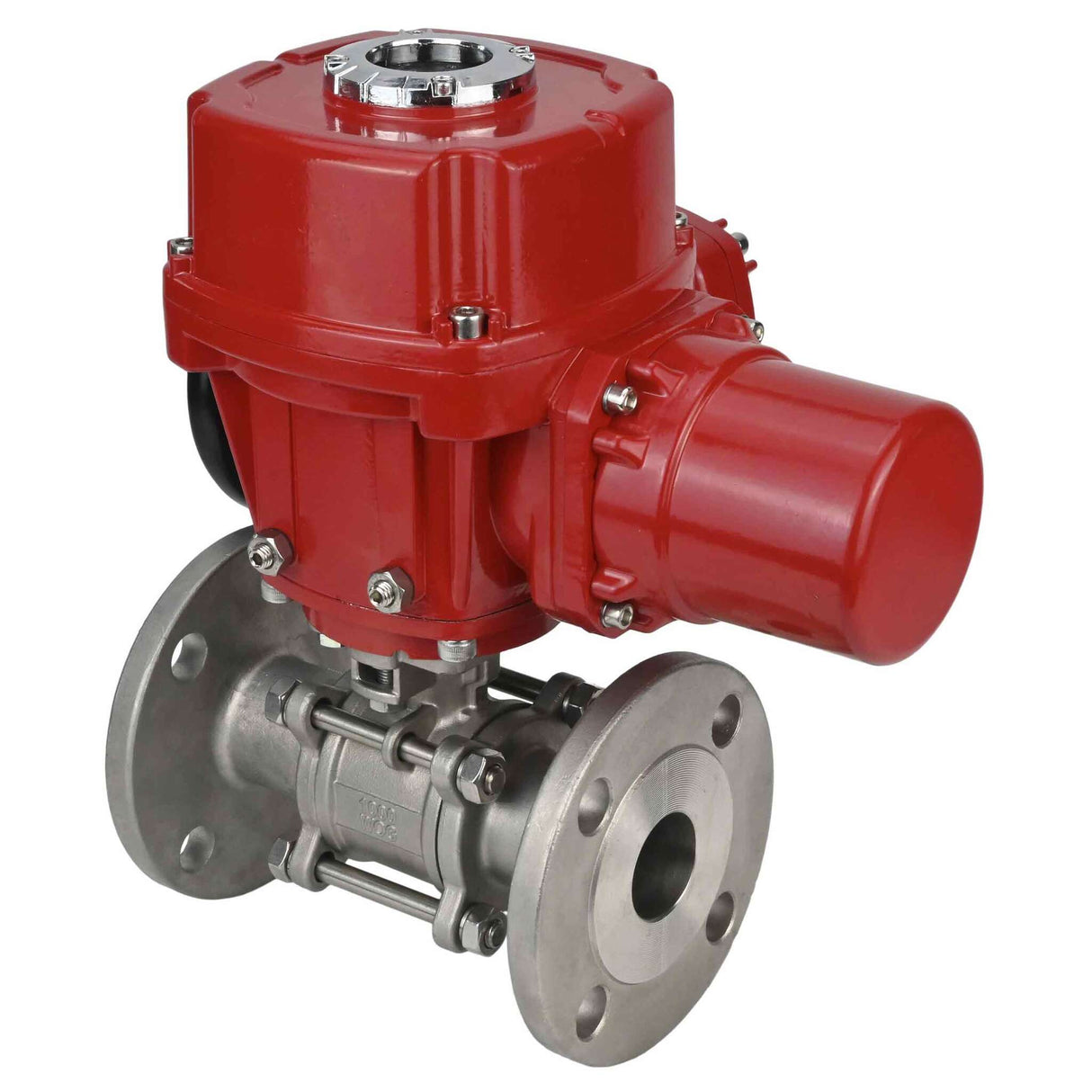 Stainless steel ball valve Elephant BVFPT,316,180 three-part, body material - stainless steel SS316, seal - PTFE, flanged, full port, quarter-turn electric actuator Elephant QT-W (M) EX 220 V