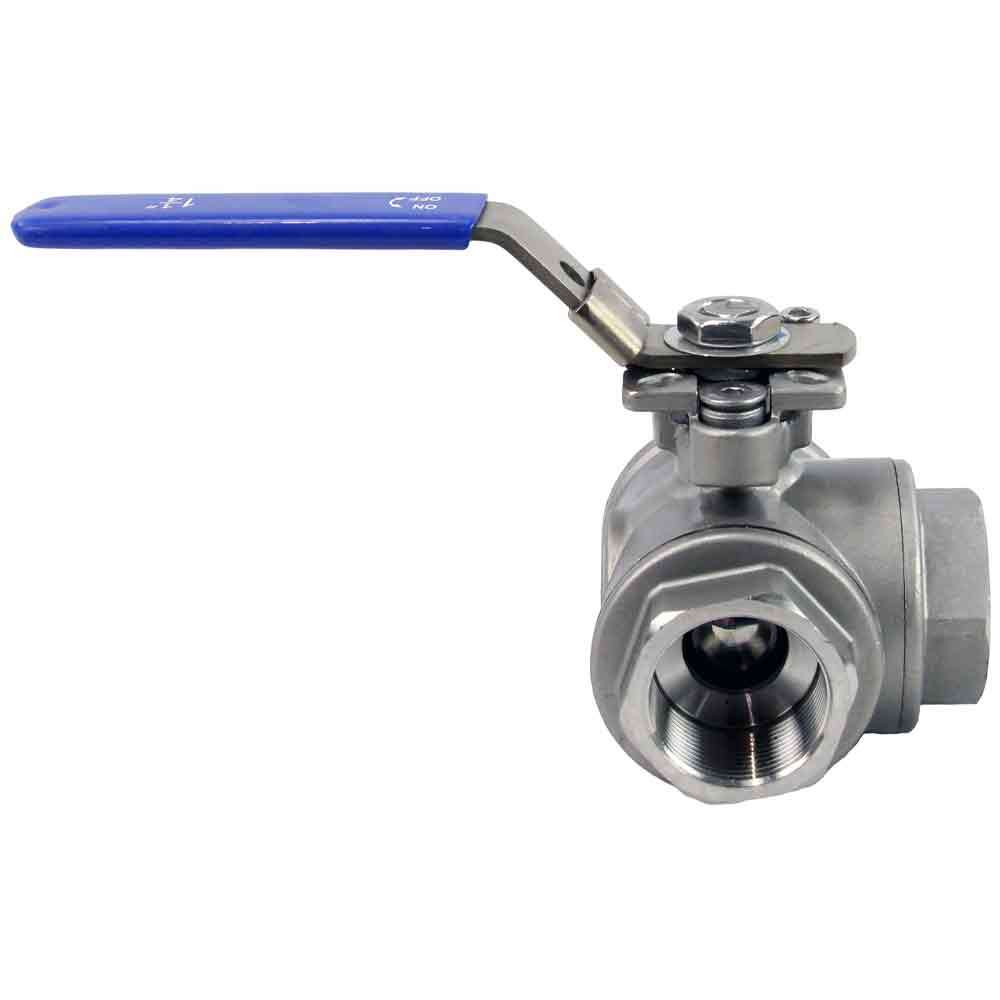 Stainless steel ball 3-way valve Threaded L-type standard port Elephant BV3232P(4pc)-SP-3WL-T-ISO-H PN63 with ISO 5211 mounting pad and handle