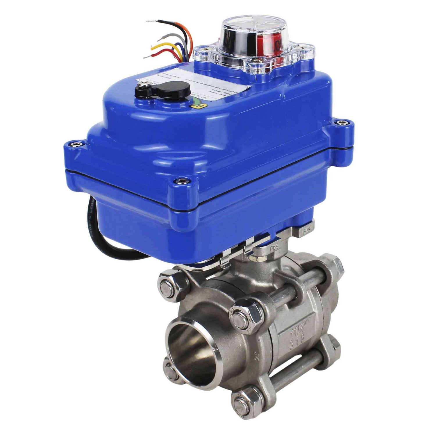 Stainless steel ball valve Elephant BVPP 316,200-ISO 63 bar SS316 full port, for welding, body material - stainless steel, quarter-turn electric actuator Elephant 003 blue 24 V