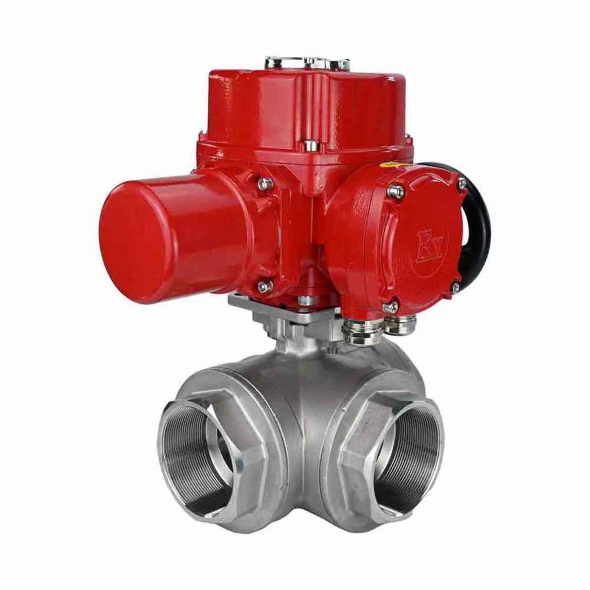 Stainless steel ball valve Elephant RP.SS316.200.MM.ISO 63 bar threaded, standard port, three way, L-type, body material - stainless steel AISI 316, with quater-turn electric actuator Elephant QT-W (M) EX 380V