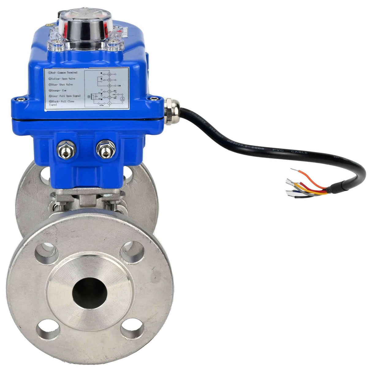 Stainless steel ball valve Elephant BVFPT-ISO,304,180 three-part, body material - stainless steel SS304, seal - PTFE, flanged, full port, electric actuator Elephant 003 blue 220 V