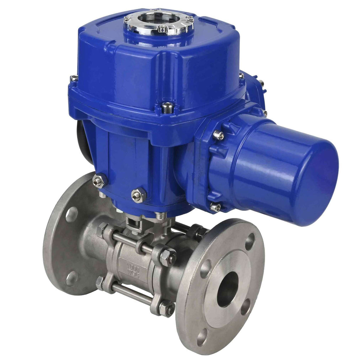 Stainless steel ball valve Elephant BVFPT,316,180 three-part, body material - stainless steel SS316, seal - PTFE, flanged, full port, quarter-turn electric actuator Elephant QT-W (M) 220 V