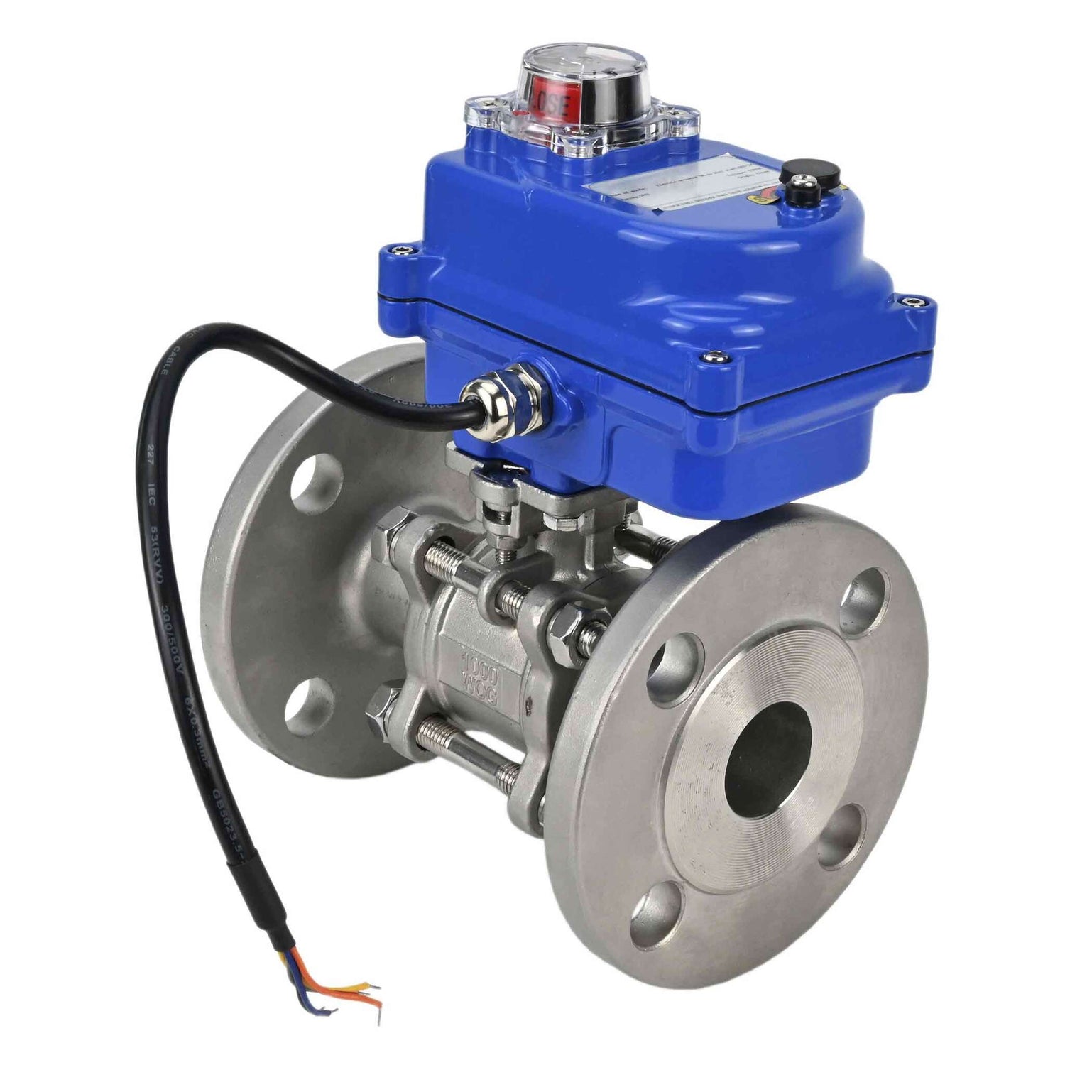 Stainless steel ball valve Elephant BVFPT-ISO,304,180 three-part, body material - stainless steel SS304, seal - PTFE, flanged, full port, electric actuator Elephant 003 blue 24 V