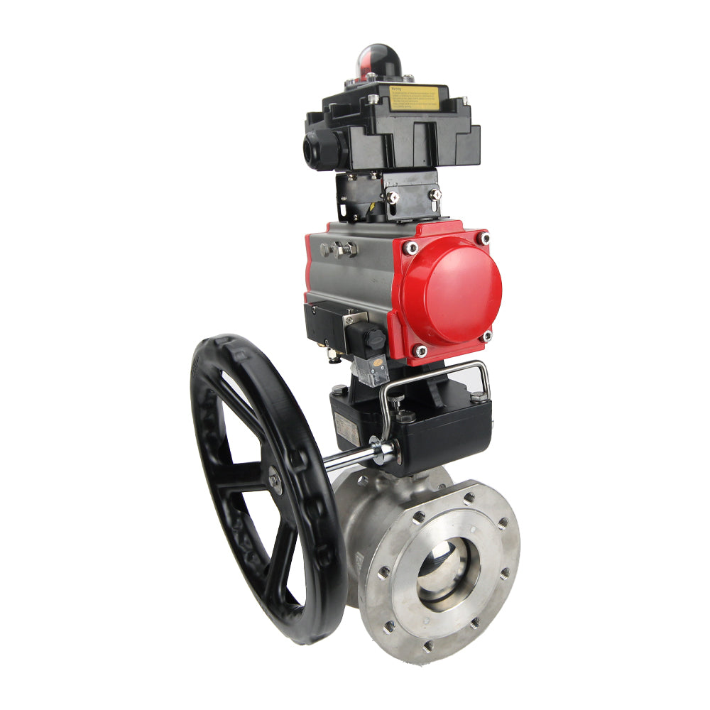 Stainless steel ball valve Elephant BVFP,316, pneumatic actuator Elephant DA, gearbox HDM, pneumatic distributor 4M310-08 NAMUR  24 V, limit switch block APL-410N EX