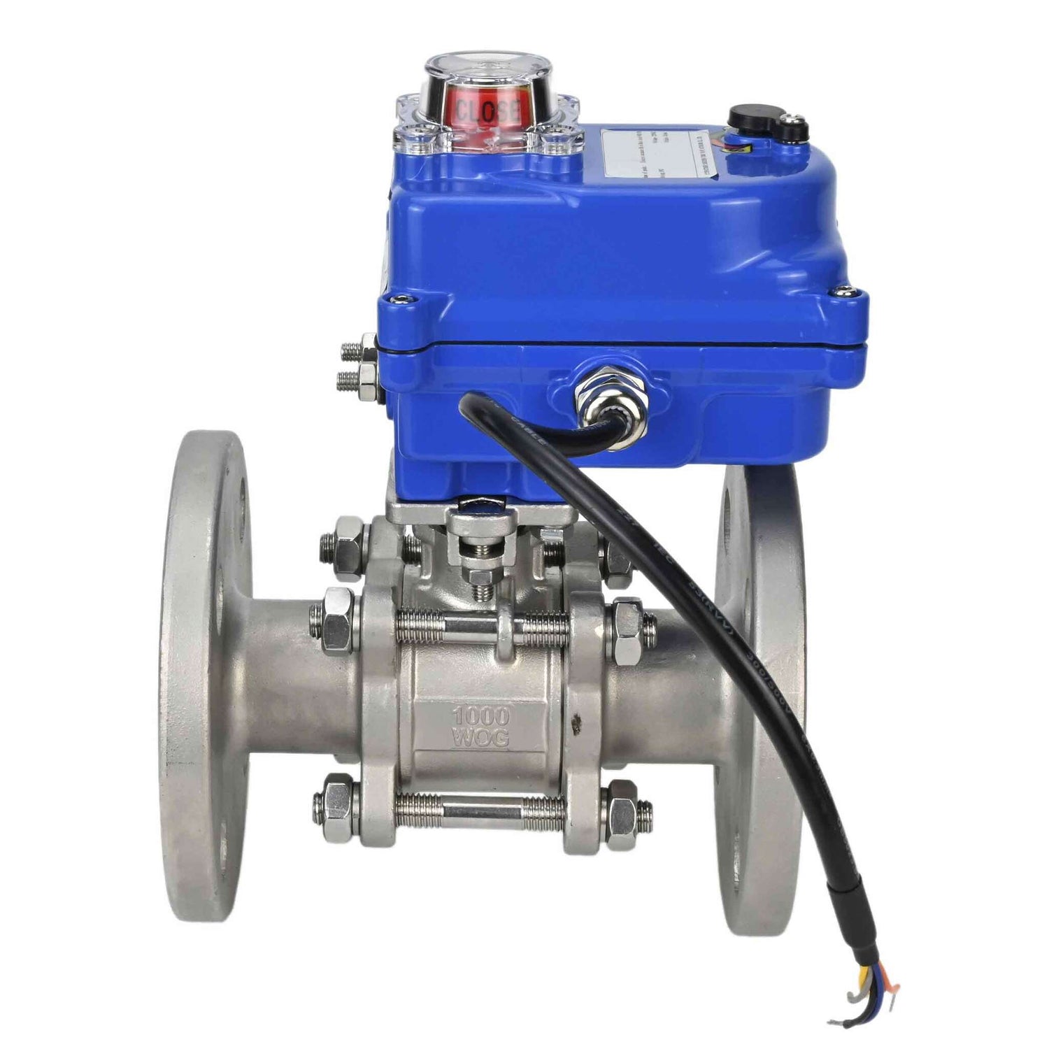 Stainless steel ball valve Elephant BVFPT-ISO,304,180 three-part, body material - stainless steel SS304, seal - PTFE, flanged, full port, electric actuator Elephant 003 blue 24 V