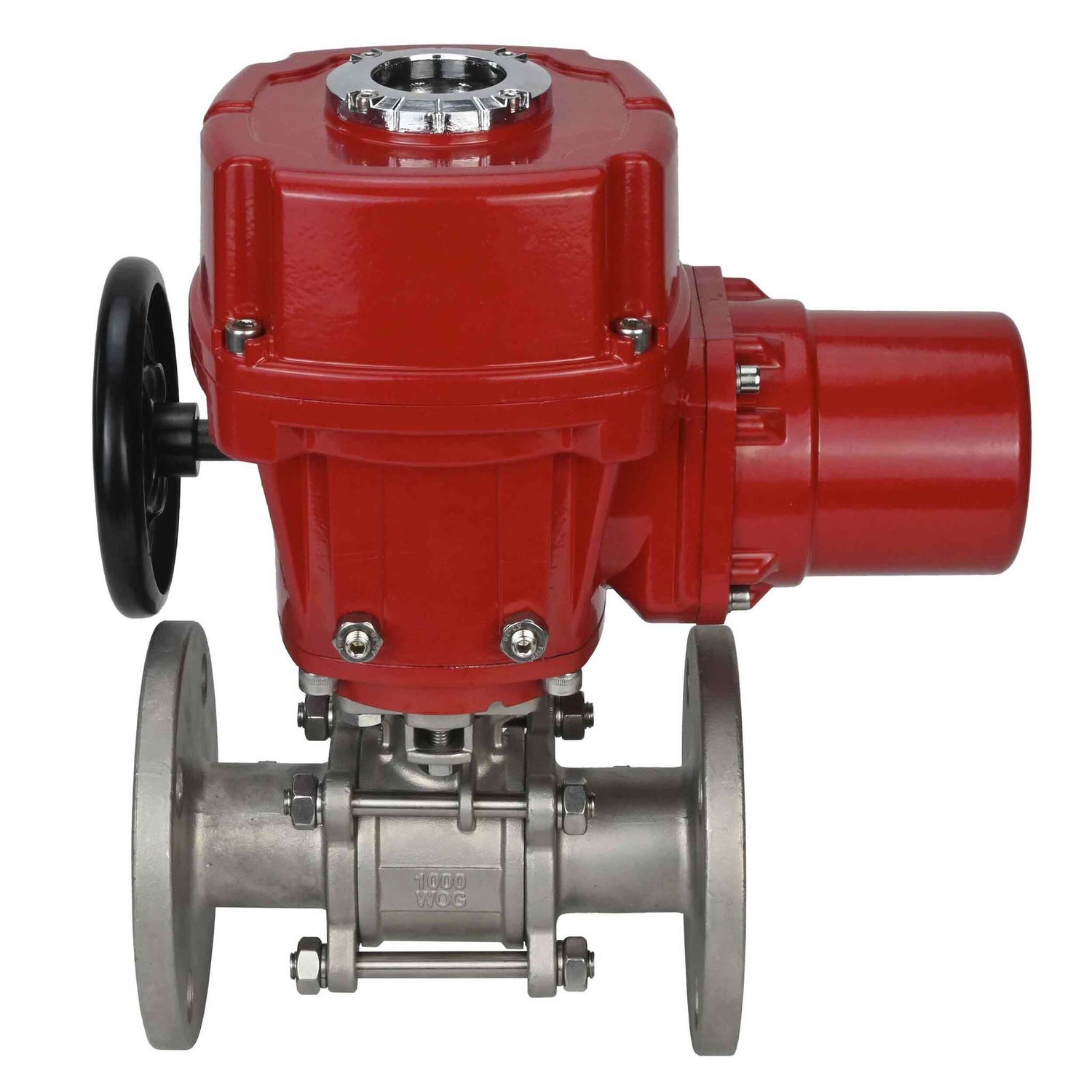 Stainless steel ball valve Elephant BVFPT,316,180 three-part, body material - stainless steel SS316, seal - PTFE, flanged, full port, quarter-turn electric actuator Elephant QT-W (M) EX 380 V