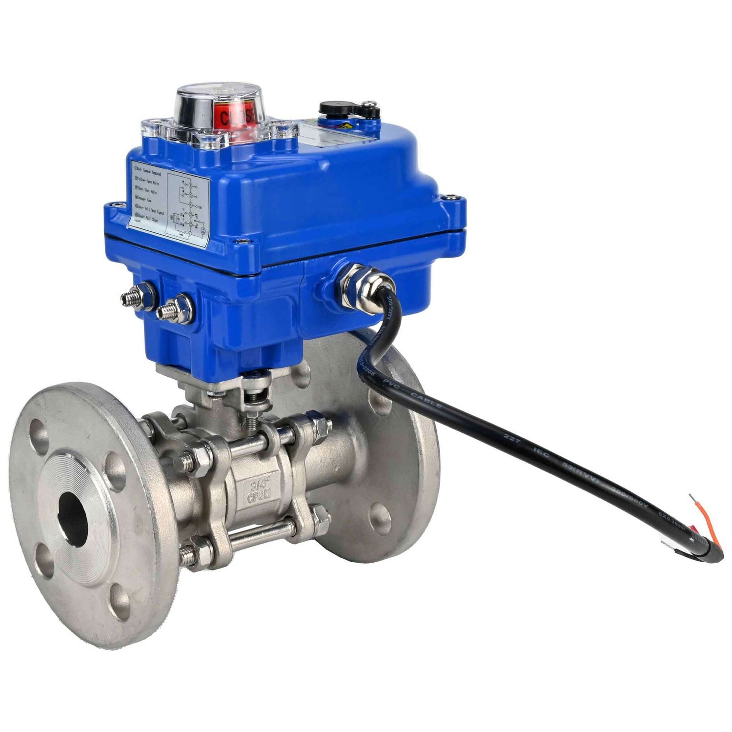 Stainless steel ball valve Elephant BVFPT-ISO,316,180 40 bar three-part, body material - stainless steel SS316, seal - PTFE, flanged, full port, electric actuator Elephant 003 blue 220 V