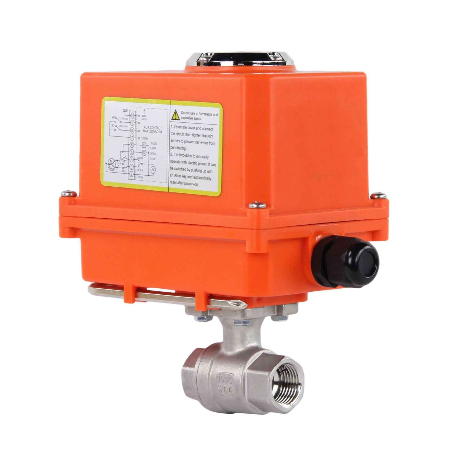 Stainless steel ball valve Elephant BVMP.316.230-ISO 63 bar, body material - stainless steel AISI 316, ball material - stainless steel AISI 316, seal - PTFE, threaded, quarter-turn electric actuator Elephant-110/220В