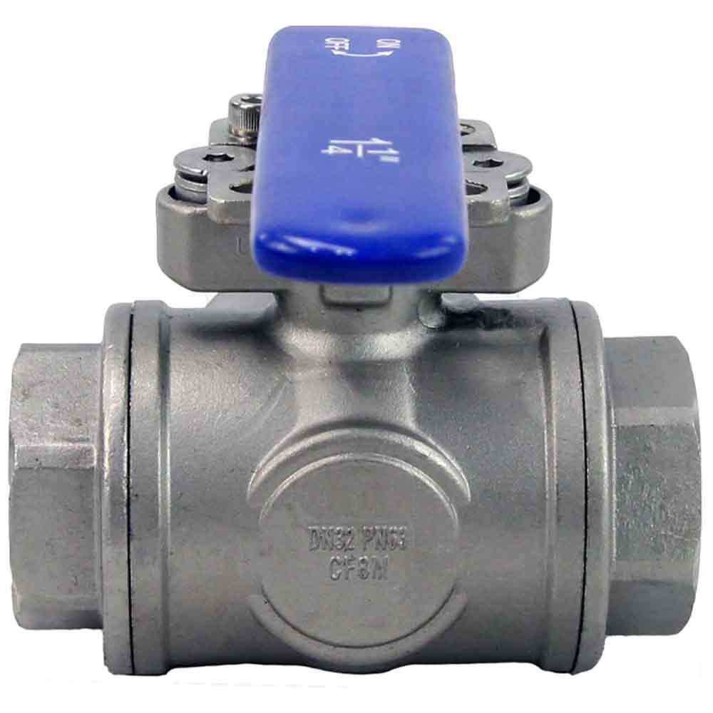 Stainless steel ball 3-way valve Threaded NPT/BSP T-type standard port Elephant BV3232P(4pc)-SP-3WT-T-ISO-H with ISO 5211 mounting pad and handle