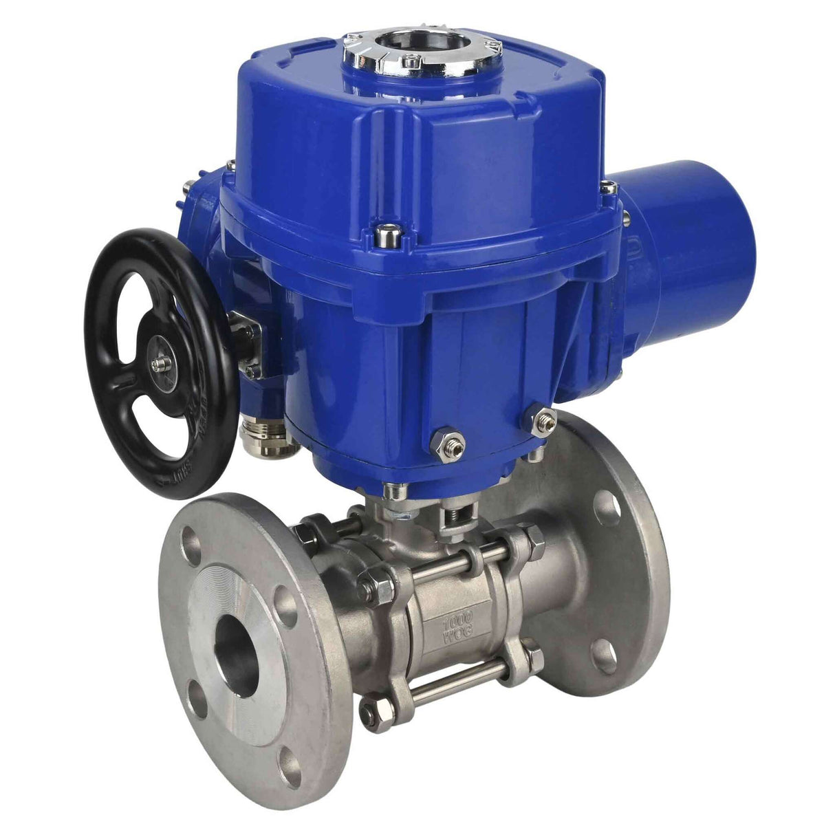 Stainless steel ball valve Elephant BVFPT,316,180 three-part, body material - stainless steel SS316, seal - PTFE, flanged, full port, quarter-turn electric actuator Elephant QT-W (M) 220 V