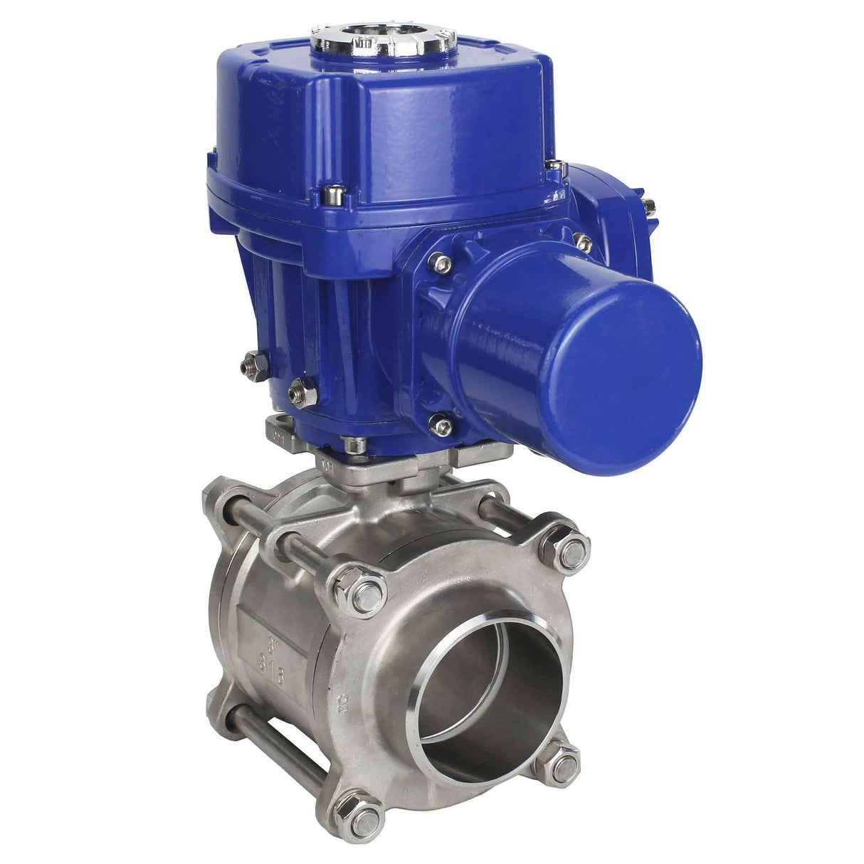Stainless steel ball valve Elephant BVPP 316,200-ISO 63 bar SS316 full port, for welding, body material - stainless steel, quarter-turn electric actuator Elephant QT-W (M) 220 V