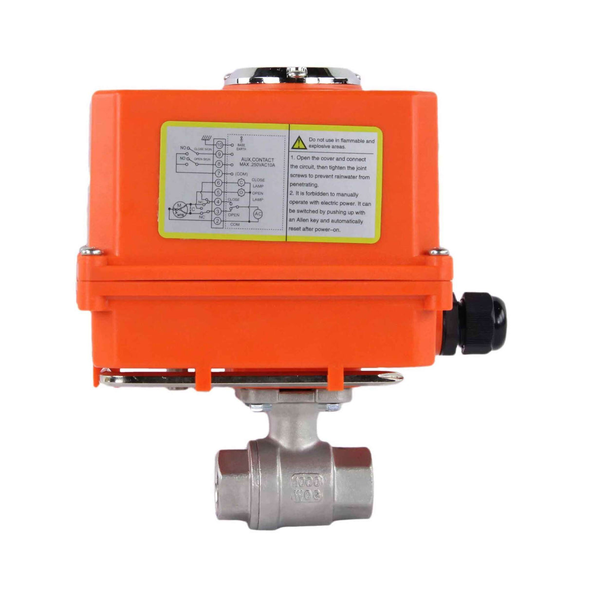 Stainless steel ball valve Elephant BVMP.316.230-ISO 63 bar, body material - stainless steel AISI 316, ball material - stainless steel AISI 316, seal - PTFE, threaded, quarter-turn electric actuator Elephant-110/220В