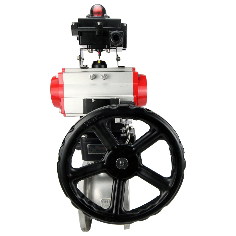 Stainless steel ball valve Elephant BVFP,316, pneumatic actuator Elephant DA, gearbox HDM, pneumatic distributor 4M310-08 NAMUR  24 V, limit switch block APL-410N EX