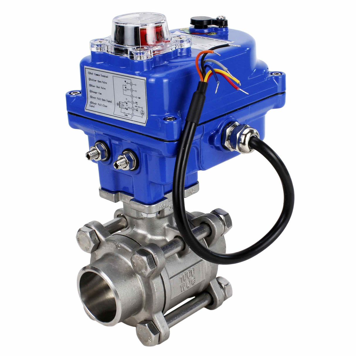 Stainless steel ball valve Elephant BVPP 316,200-ISO 63 bar SS316 full port, for welding, body material - stainless steel, quarter-turn electric actuator Elephant 003 blue 24 V