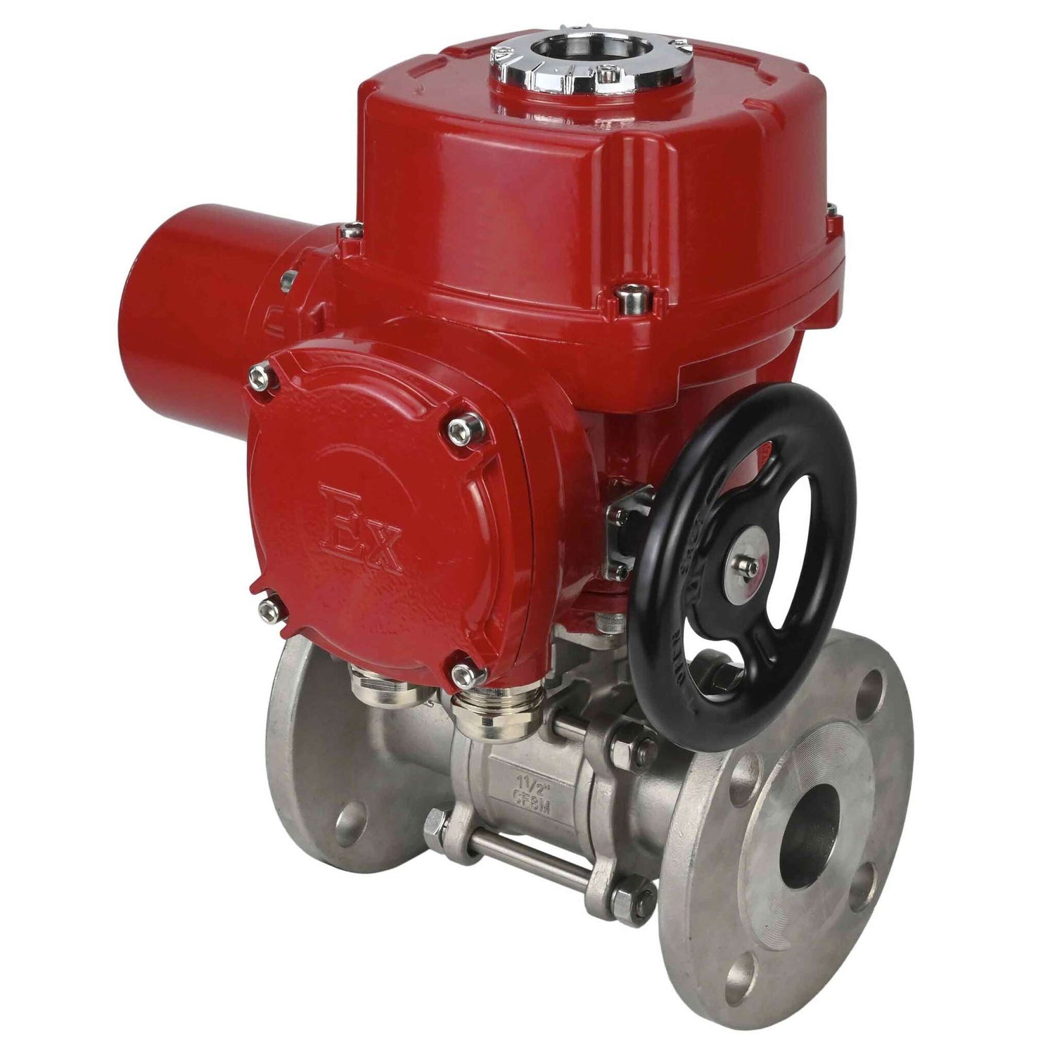 Stainless steel ball valve Elephant BVFPT,316,180 three-part, body material - stainless steel SS316, seal - PTFE, flanged, full port, quarter-turn electric actuator Elephant QT-W (M) EX 220 V