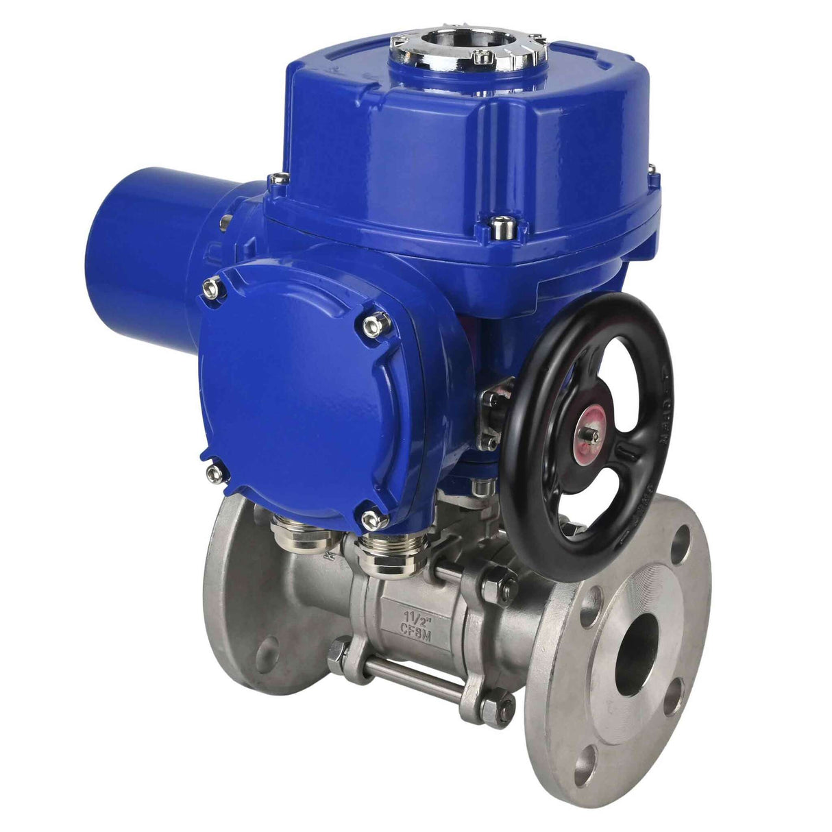 Stainless steel ball valve Elephant BVFPT,316,180 three-part, body material - stainless steel SS316, seal - PTFE, flanged, full port, quarter-turn electric actuator Elephant QT-W (M) 220 V