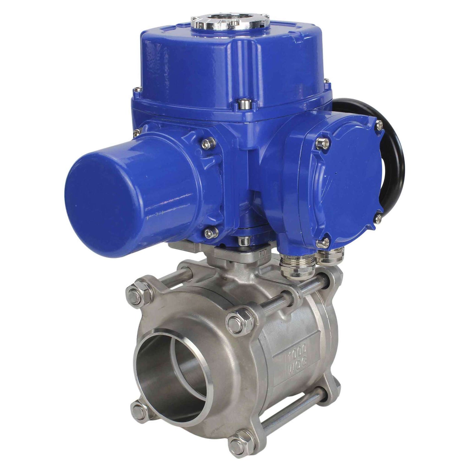 Stainless steel ball valve Elephant BVPP 316,200-ISO 63 bar SS316 full port, for welding, body material - stainless steel, quarter-turn electric actuator Elephant QT-W (M) 220 V