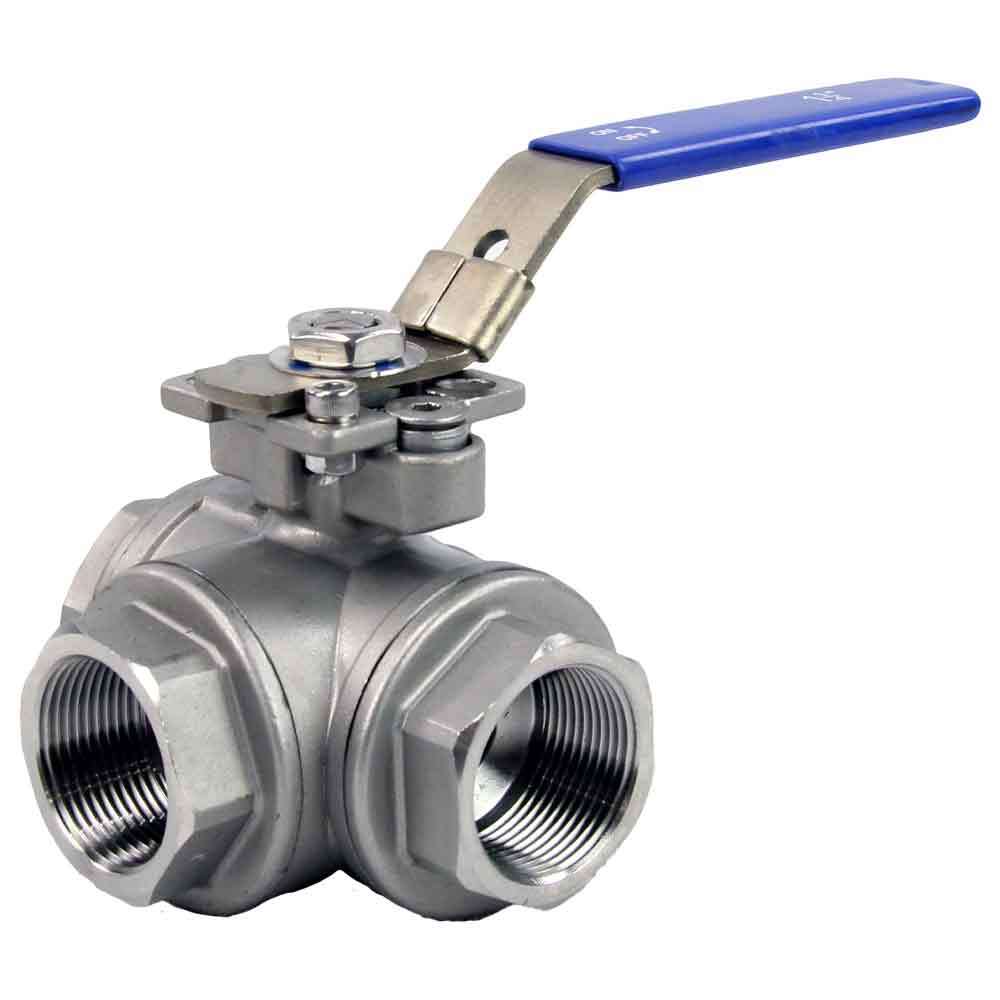 Stainless steel ball 3-way valve Threaded L-type standard port Elephant BV3232P(4pc)-SP-3WL-T-ISO-H PN63 with ISO 5211 mounting pad and handle