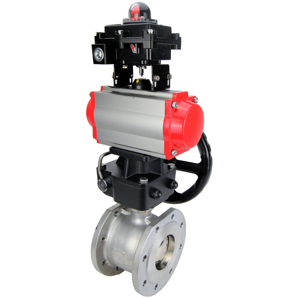 Stainless steel ball valve Elephant BVFP,316, pneumatic actuator Elephant DA, gearbox HDM, pneumatic distributor 4M310-08 NAMUR  24 V, limit switch block APL-410N EX