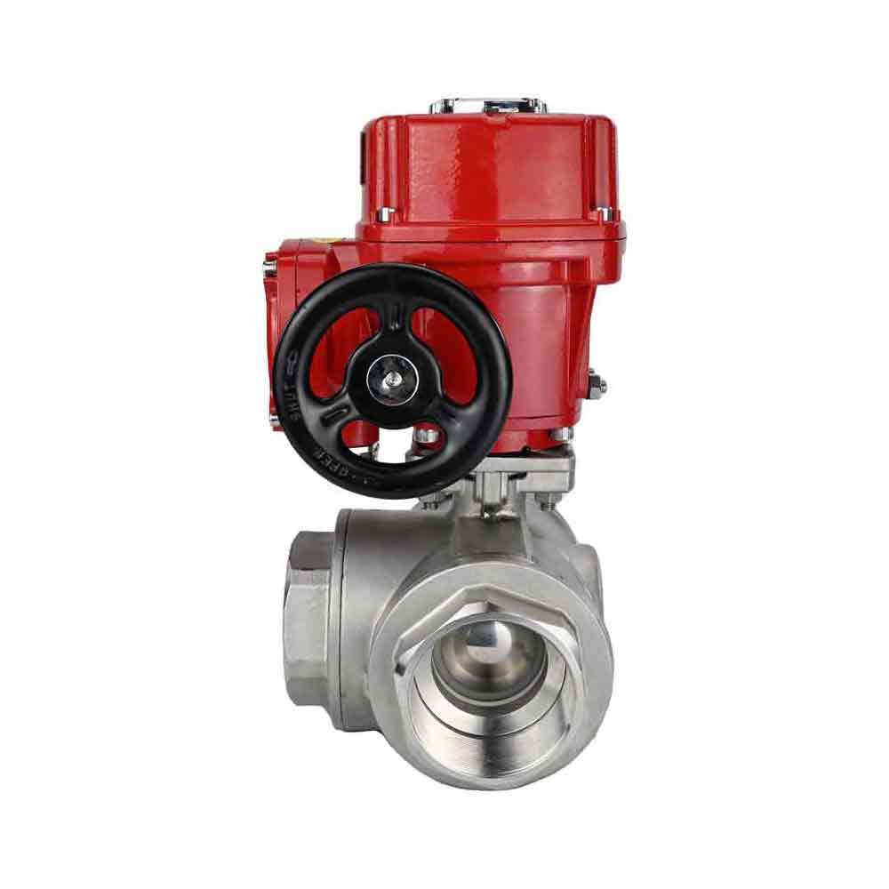 Stainless steel ball valve Elephant RP.SS316.200.MM.ISO 63 bar threaded, standard port, three way, L-type, body material - stainless steel AISI 316, with quater-turn electric actuator Elephant QT-W (M) EX 220V