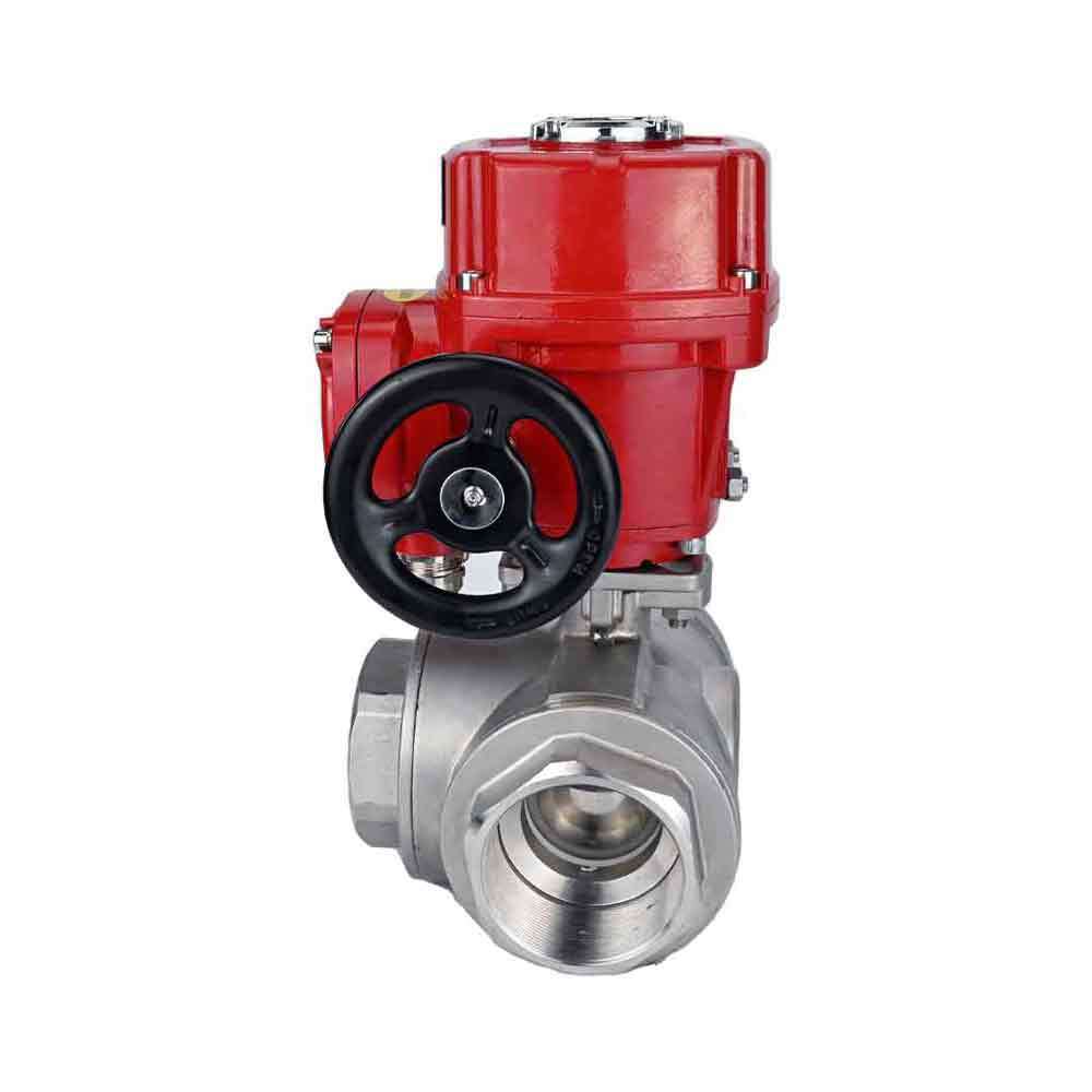 Stainless steel ball valve Elephant RP.SS316.200.MM.ISO 63 bar threaded, standard port, three way, L-type, body material - stainless steel AISI 316, with quater-turn electric actuator Elephant QT-W (M) EX 380V