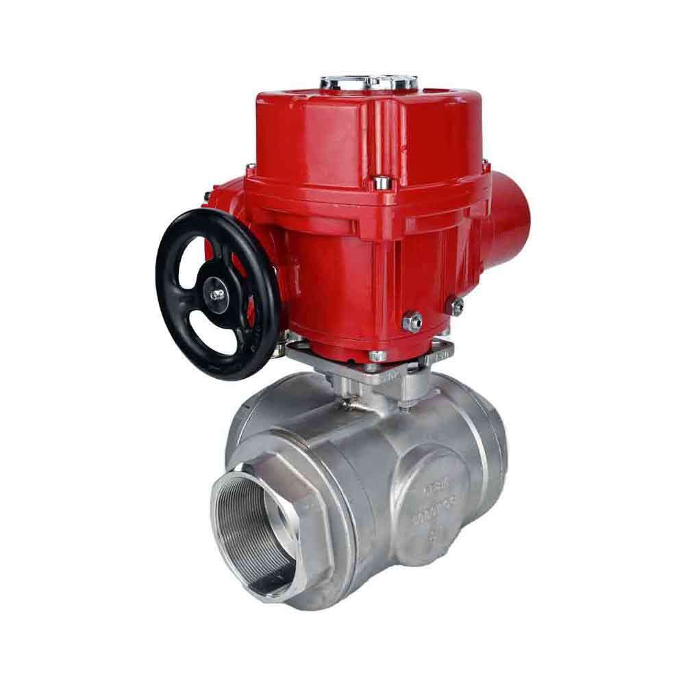 Stainless steel ball valve Elephant RP.SS316.200.MM.ISO 63 bar threaded, standard port, three way, L-type, body material - stainless steel AISI 316, with quater-turn electric actuator Elephant QT-W (M) EX 380V