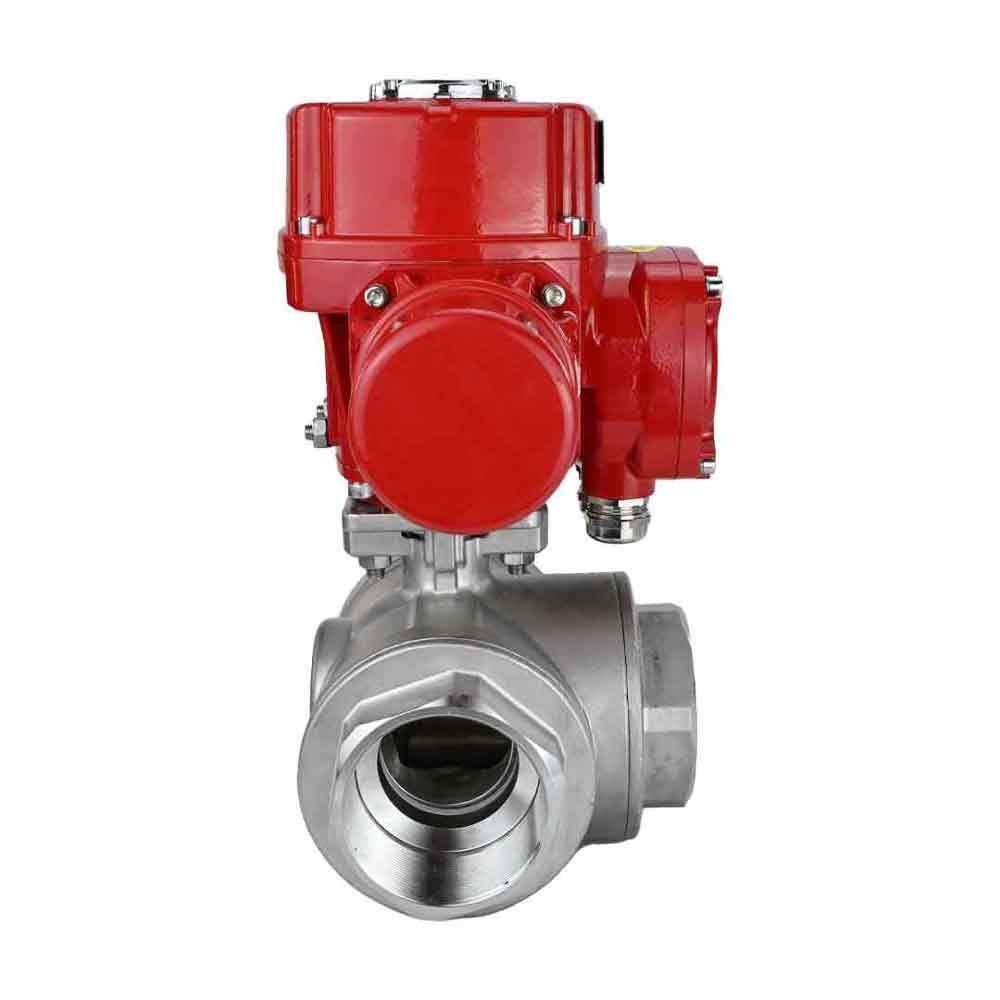 Stainless steel ball valve Elephant RP.SS316.200.MM.ISO 63 bar threaded, standard port, three way, L-type, body material - stainless steel AISI 316, with quater-turn electric actuator Elephant QT-W (M) EX 220V