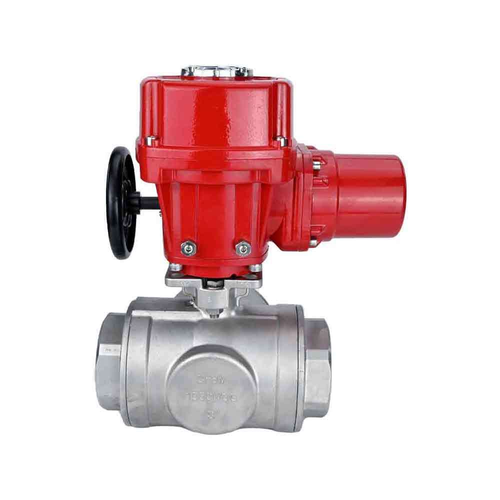Stainless steel ball valve Elephant RP.SS316.200.MM.ISO 63 bar threaded, standard port, three way, L-type, body material - stainless steel AISI 316, with quater-turn electric actuator Elephant QT-W (M) EX 380V