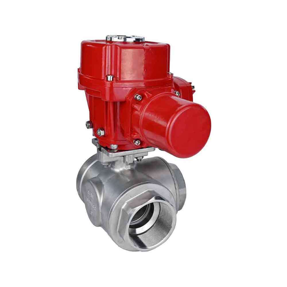 Stainless steel ball valve Elephant RP.SS316.200.MM.ISO 63 bar threaded, standard port, three way, L-type, body material - stainless steel AISI 316, with quater-turn electric actuator Elephant QT-W (M) EX 380V
