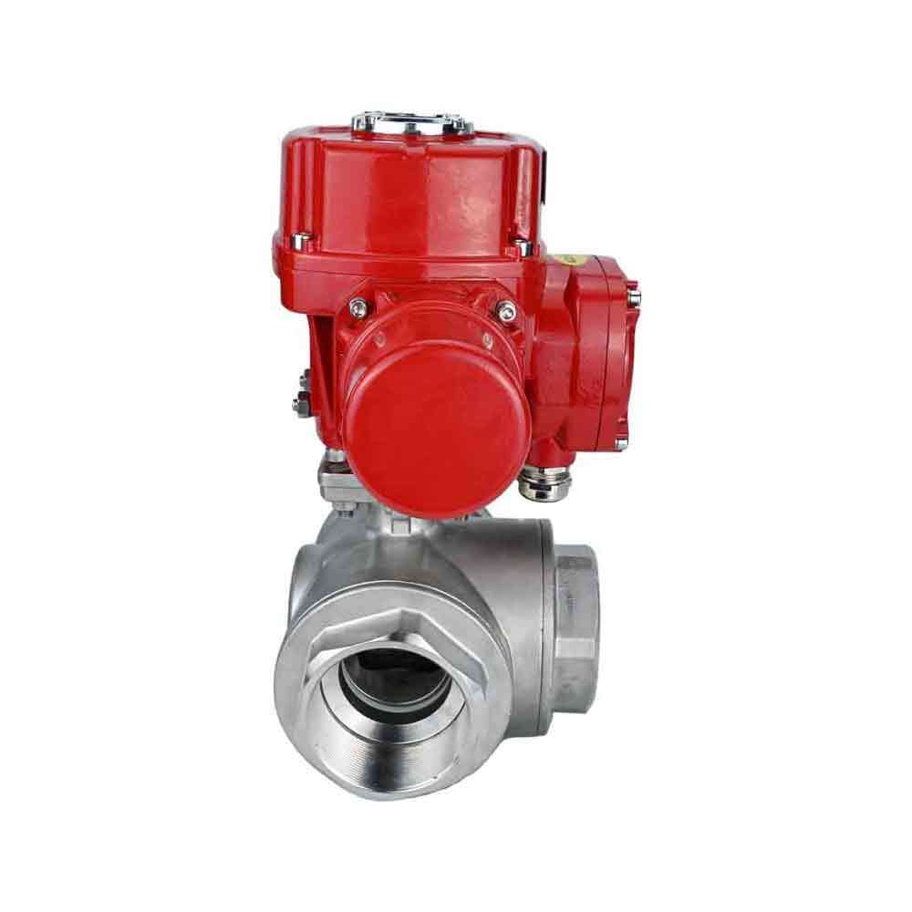 Stainless steel ball valve Elephant RP.SS316.200.MM.ISO 63 bar threaded, standard port, three way, L-type, body material - stainless steel AISI 316, with quater-turn electric actuator Elephant QT-W (M) EX 380V