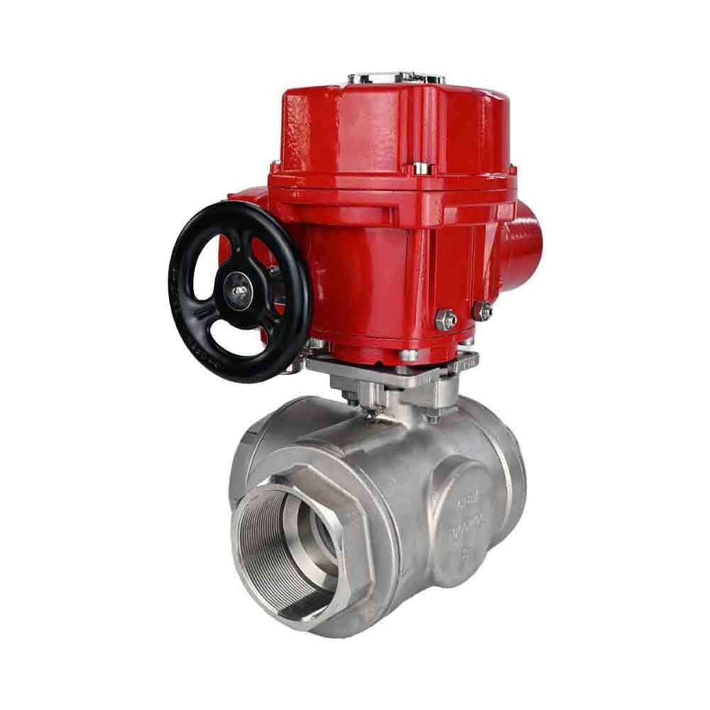 Stainless steel ball valve Elephant RP.SS316.200.MM.ISO 63 bar threaded, standard port, three way, L-type, body material - stainless steel AISI 316, with quater-turn electric actuator Elephant QT-W (M) EX 220V