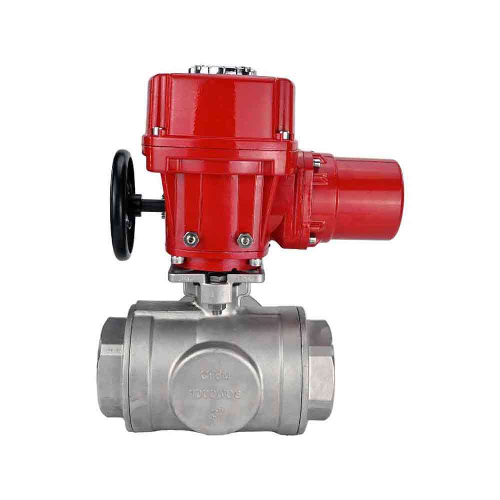 Stainless steel ball valve Elephant RP.SS316.200.MM.ISO 63 bar threaded, standard port, three way, L-type, body material - stainless steel AISI 316, with quater-turn electric actuator Elephant QT-W (M) EX 220V