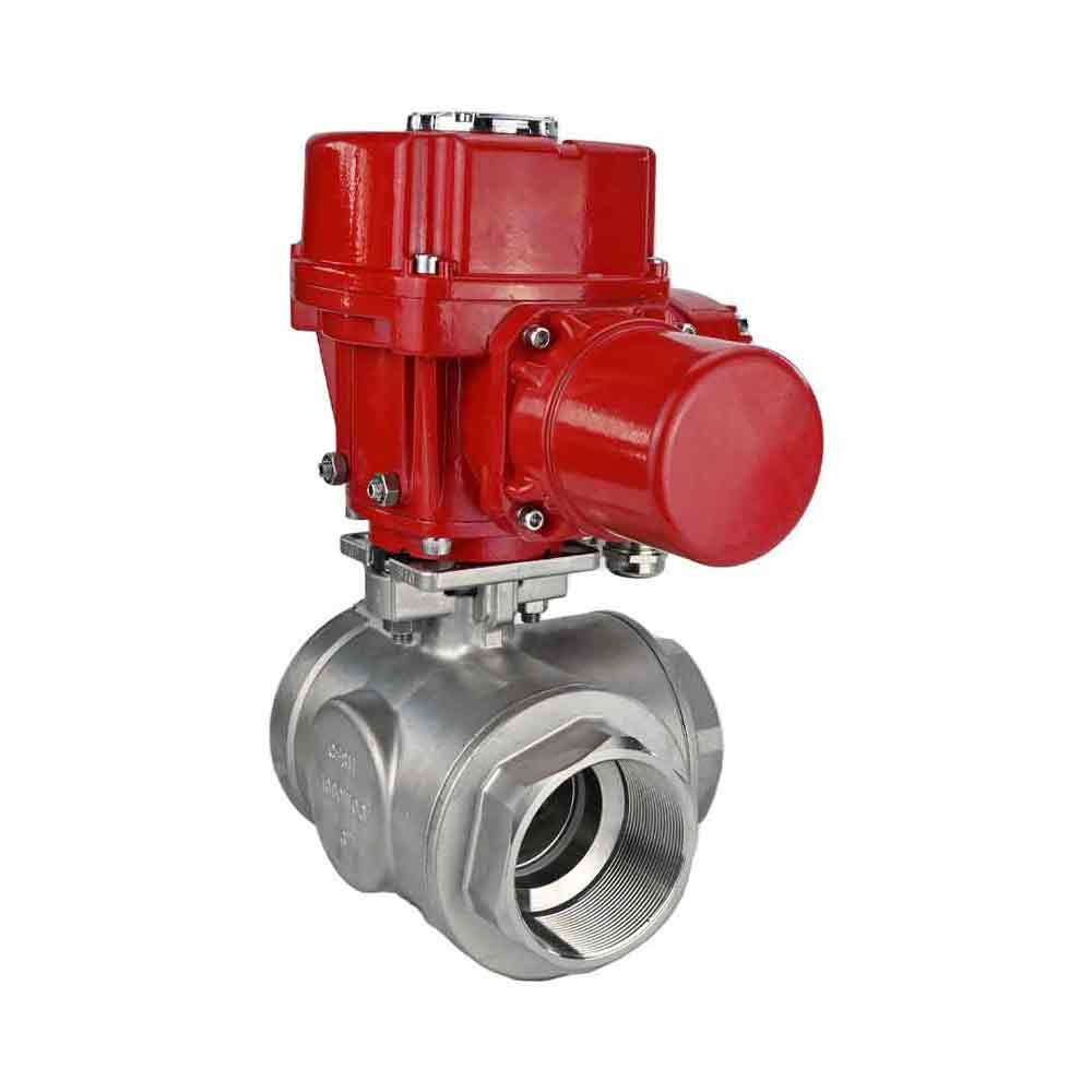Stainless steel ball valve Elephant RP.SS316.200.MM.ISO 63 bar threaded, standard port, three way, L-type, body material - stainless steel AISI 316, with quater-turn electric actuator Elephant QT-W (M) EX 220V