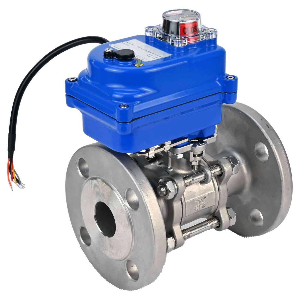 Stainless steel ball valve Elephant BVFPT-ISO,316,180 three-part, body material - stainless steel SS316, seal - PTFE, flanged, full port, electric actuator Elephant 003 blue 24 V