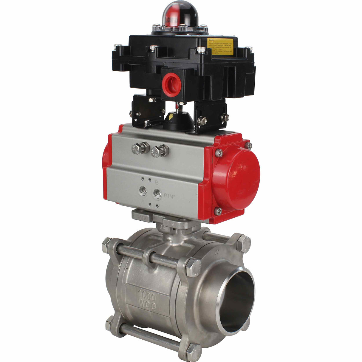 Stainless steel ball valve Elephant BVPP 316,200-ISO 63 bar SS316 full port, for welding, body material - stainless steel, pneumatic actuator Elephant SA, limit switch block APL-410N EX