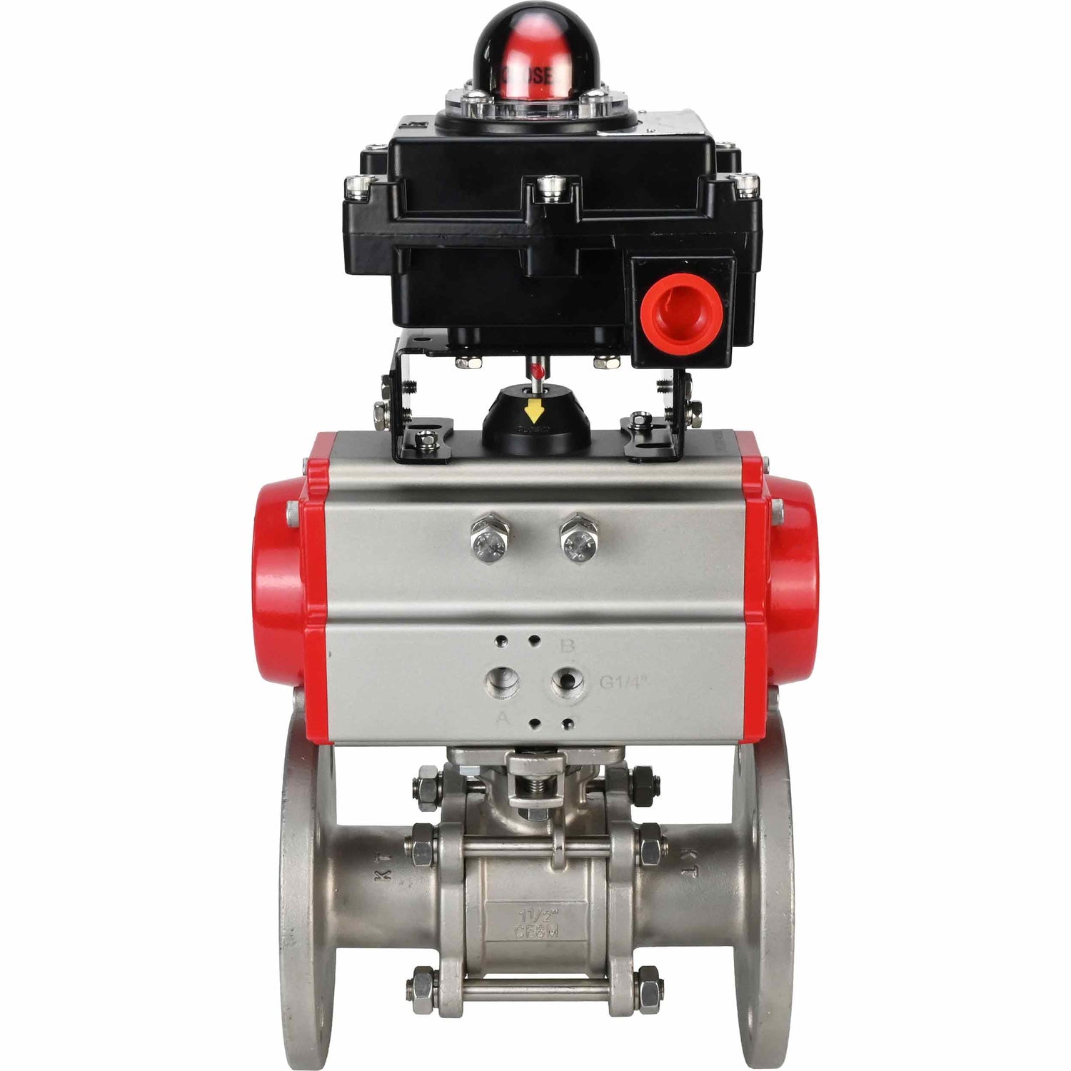 Stainless steel ball valve Elephant BVFPT-ISO,304,180 three-part, body material - stainless steel SS304, seal - PTFE, flanged, full port, pneumatic actuator Elephant SA, limit switch block APL-410N EX