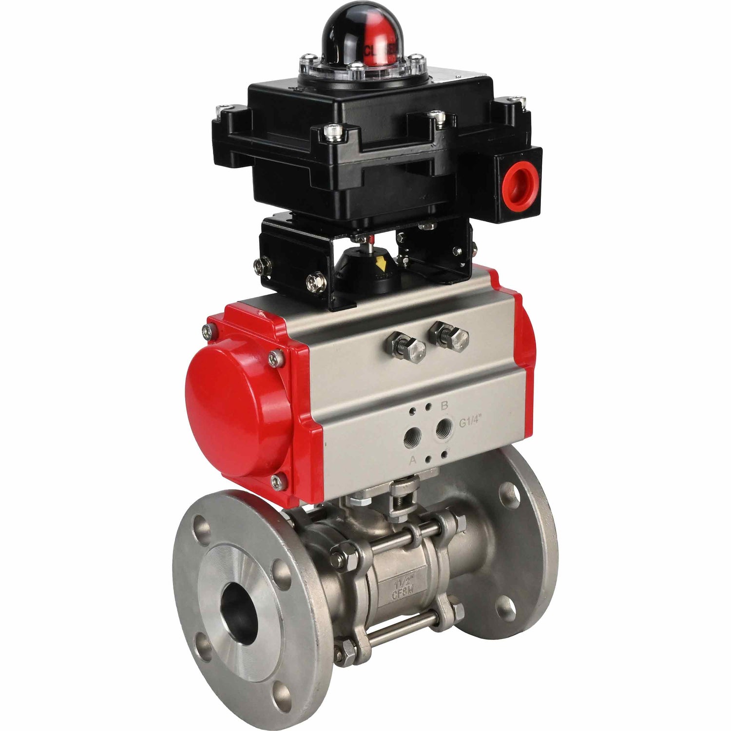 Stainless steel ball valve Elephant BVFPT-ISO,304,180 three-part, body material - stainless steel SS304, seal - PTFE, flanged, full port, pneumatic actuator Elephant SA, limit switch block APL-410N EX