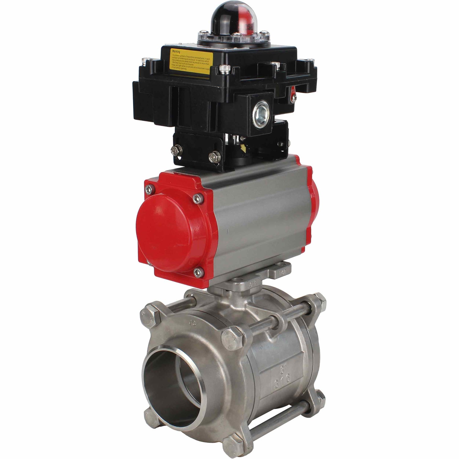 Stainless steel ball valve Elephant BVPP 316,200-ISO 63 bar SS316 full port, for welding, body material - stainless steel, pneumatic actuator Elephant SA, limit switch block APL-410N EX