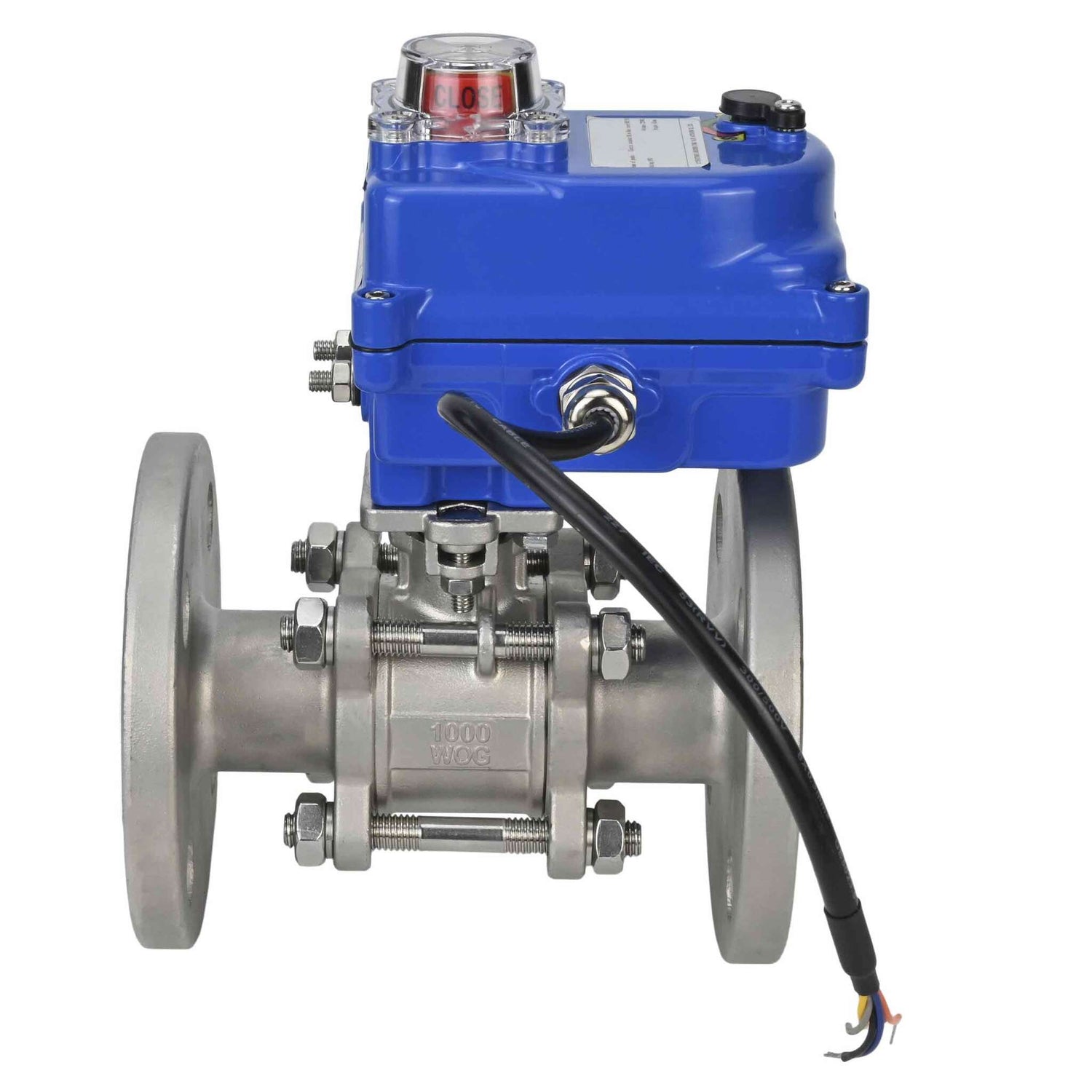 Stainless steel ball valve Elephant BVFPT-ISO,316,180 three-part, body material - stainless steel SS316, seal - PTFE, flanged, full port, electric actuator Elephant 003 blue 24 V