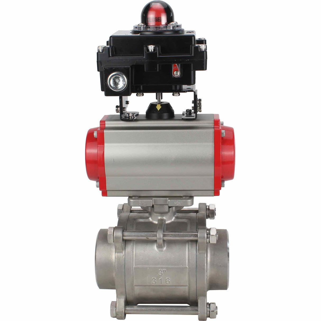Stainless steel ball valve Elephant BVPP 316,200-ISO 63 bar SS316 full port, for welding, body material - stainless steel, pneumatic actuator Elephant SA, limit switch block APL-410N EX