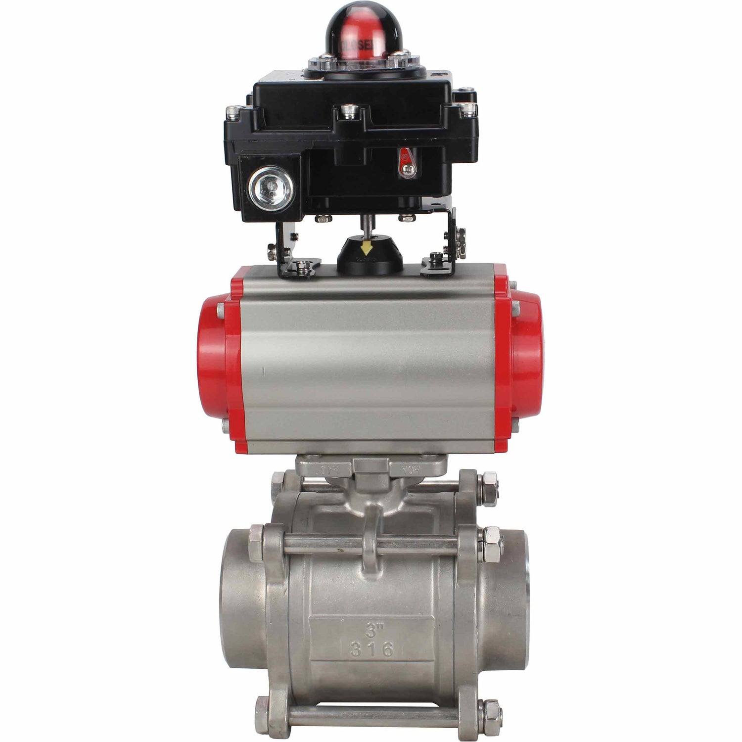 Stainless steel ball valve Elephant BVPP 316,200-ISO 63 bar SS316 full port, for welding, body material - stainless steel, pneumatic actuator Elephant DA, limit switch block APL-410N EX