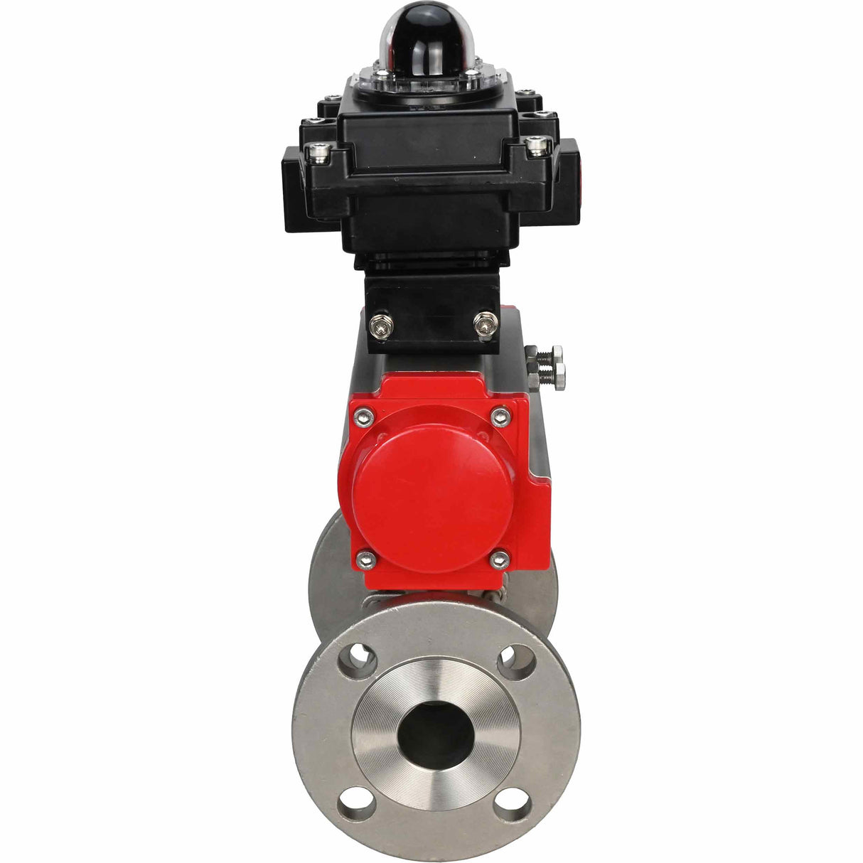 Stainless steel ball valve Elephant BVFPT-ISO,316,180 three-part, body material - stainless steel SS316, seal - PTFE, flanged, full port, pneumatic actuator Elephant DA, limit switch block APL-410N EX