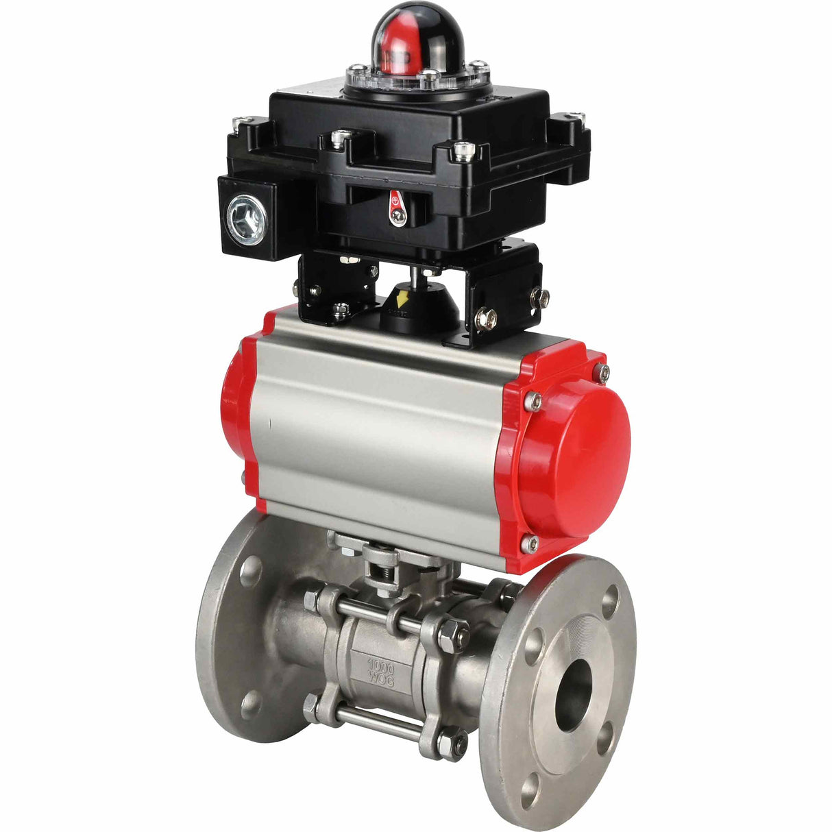 Stainless steel ball valve Elephant BVFPT-ISO,304,180 three-part, body material - stainless steel SS304, seal - PTFE, flanged, full port, pneumatic actuator Elephant DA, limit switch block APL-410N EX