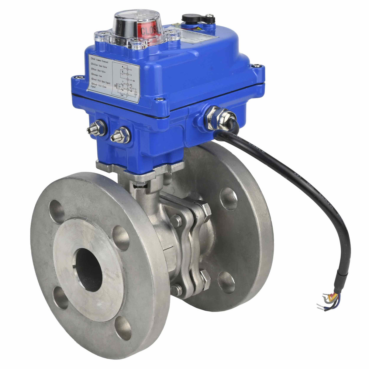 Stainless steel ball valve Elephant BV3232P-FP-F 40 bar, body material - stainless steel AISI 316, seal - PTFE, full port, flanged, electric actuator Elephant 003 blue 220 V