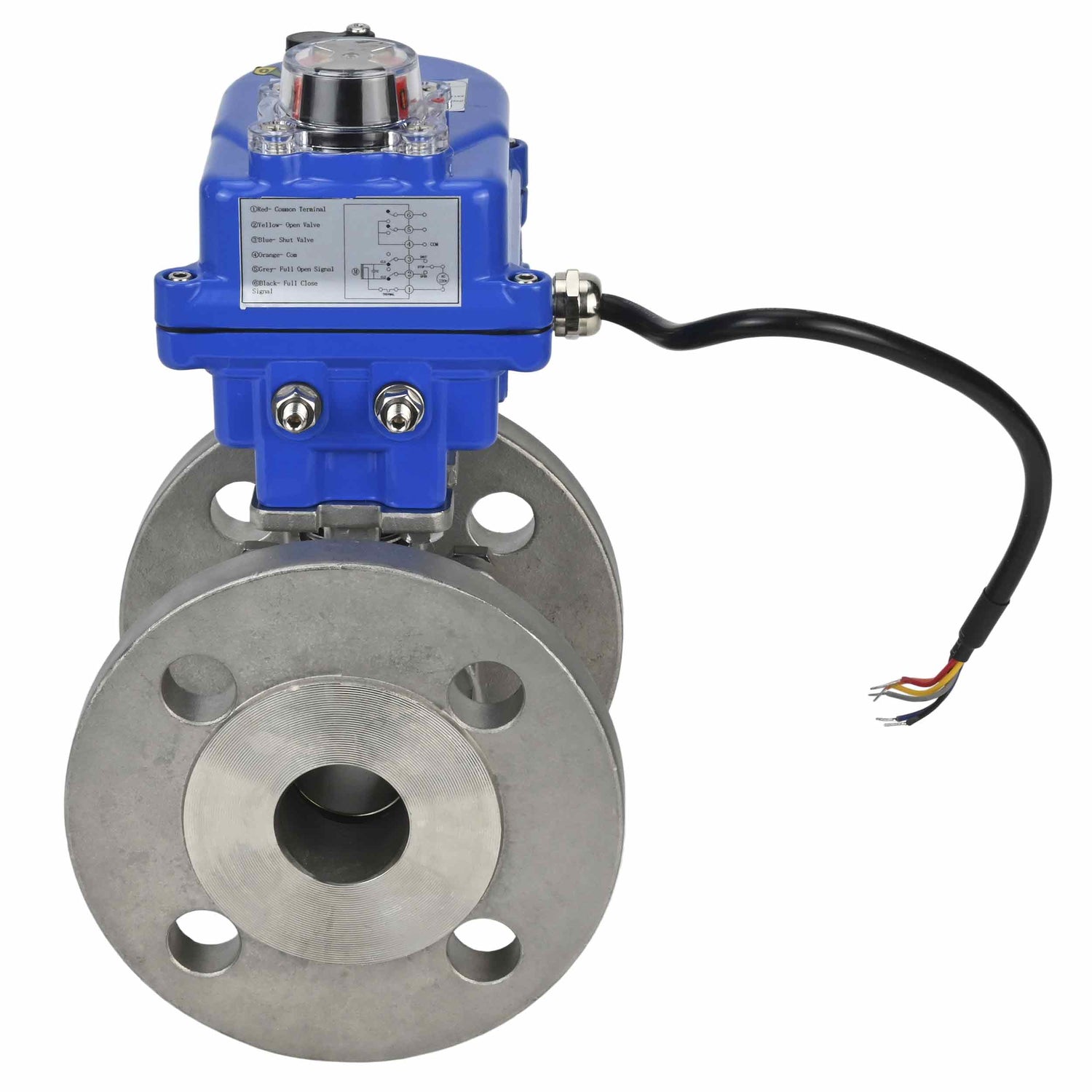 Stainless steel ball valve Elephant BV3232P-FP-F, body material - stainless steel AISI 316, seal - PTFE, full port, flanged, electric actuator Elephant 003 blue 24 V